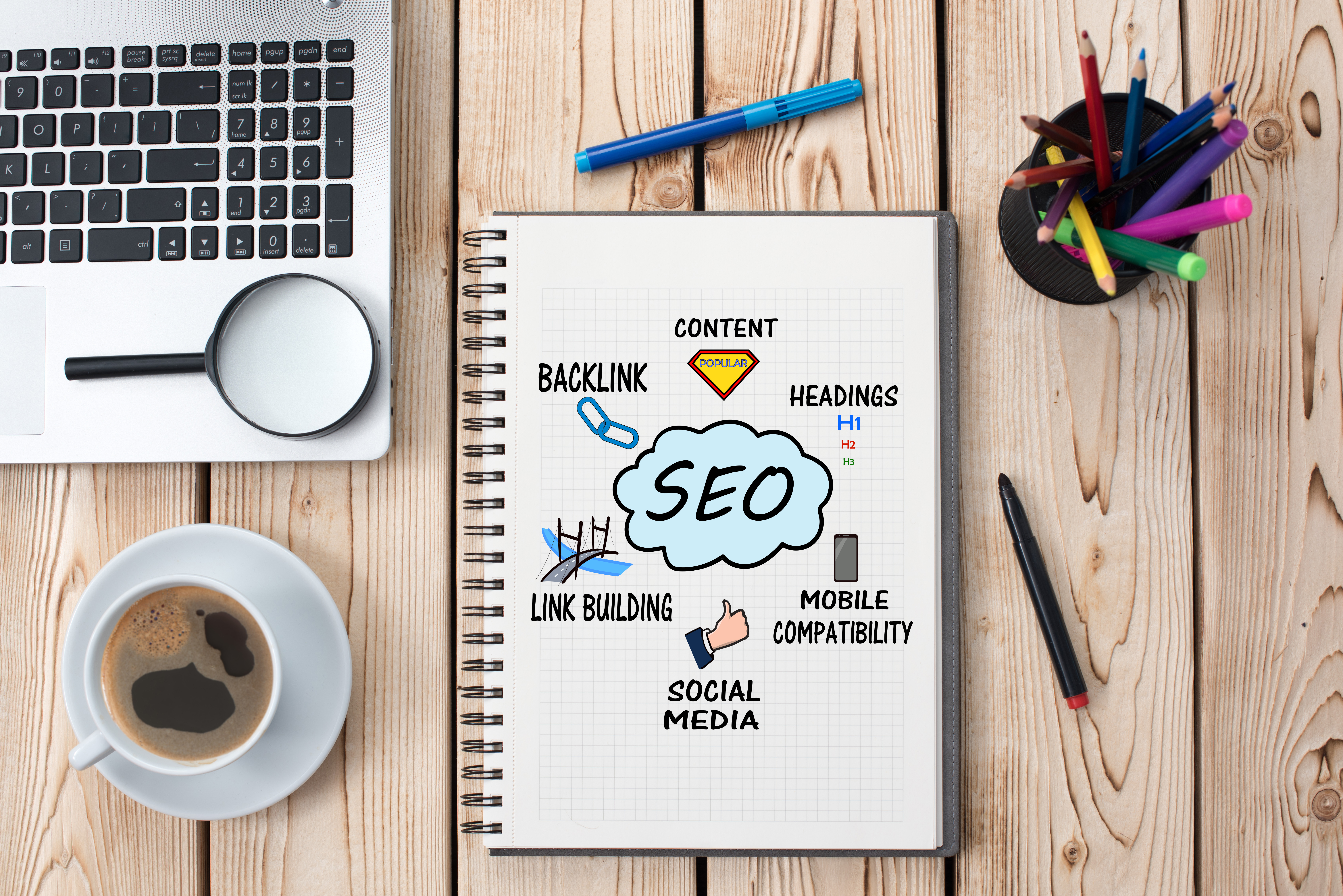 seo notepad on desk