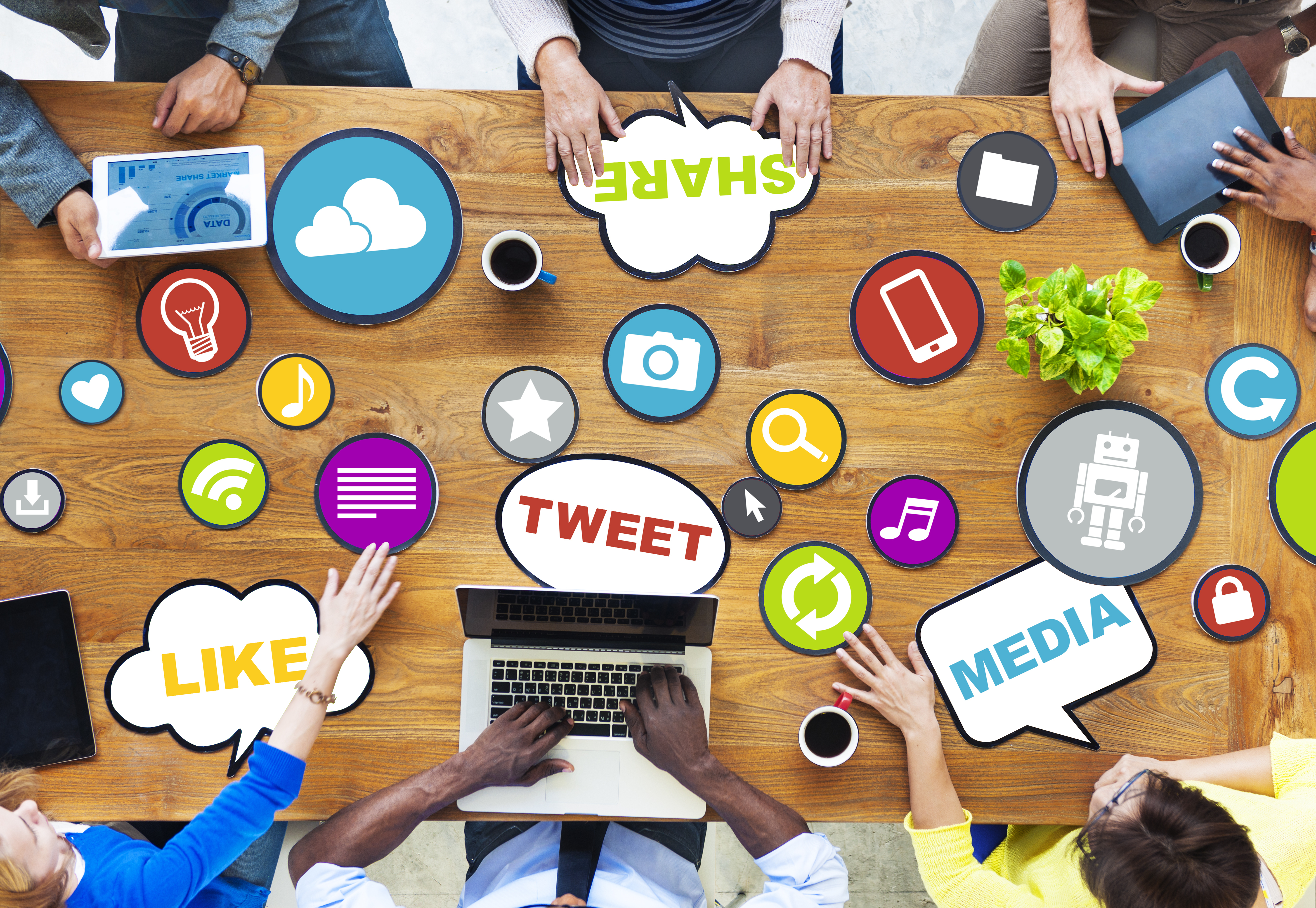 social media icons on a desk